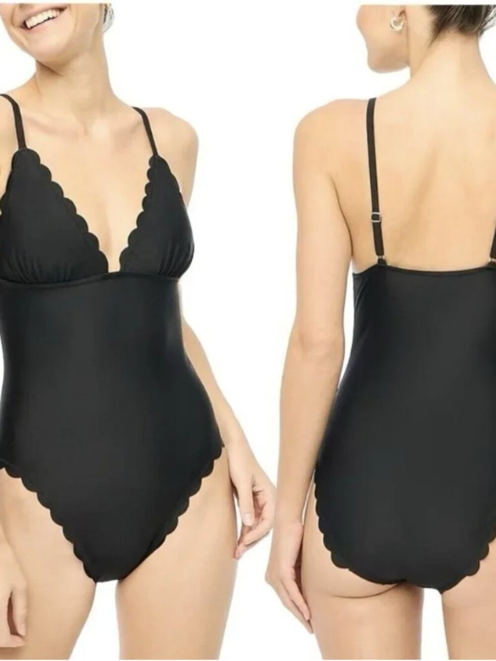 J CREW Black Scalloped Edge 1 pc V-Neck Swimsuit sz L